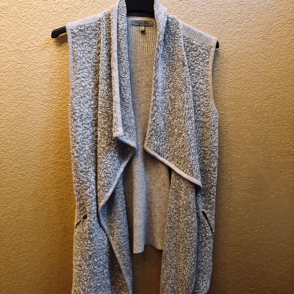 Olivia Sky Light Gray Sleeveless Draped Open Front Cardigan Vest